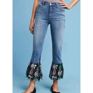 Anthro Pilcro Womens Crop Flare Jeans Floral Embroidered Lace Cuffs Blue Size 28